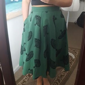 Bettie Page Green Midi Skirt with Black Fan Pattern